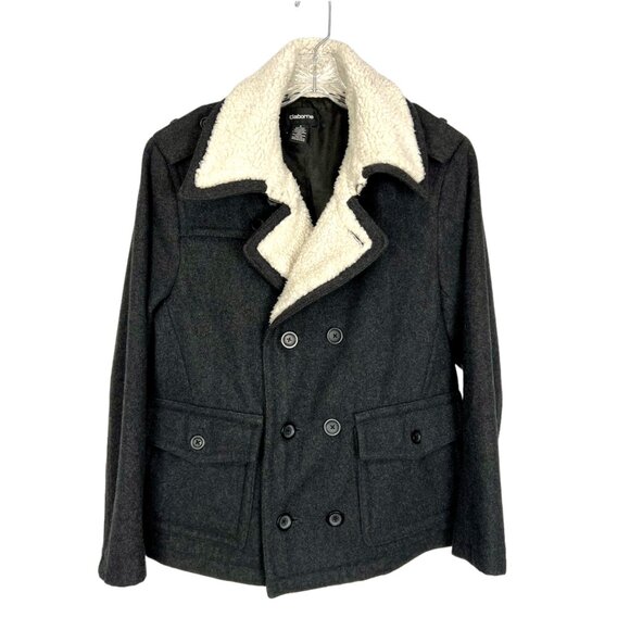 Claiborne Mens Gray Wool Blend Double Breasted Pea Coat Faux Shearling size S - Picture 1 of 15